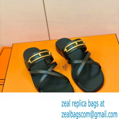 Hermes Roulis Buckle Claire Sandals Black