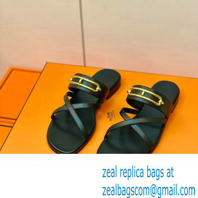 Hermes Roulis Buckle Claire Sandals Black
