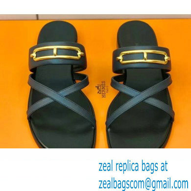 Hermes Roulis Buckle Claire Sandals Dark Blue