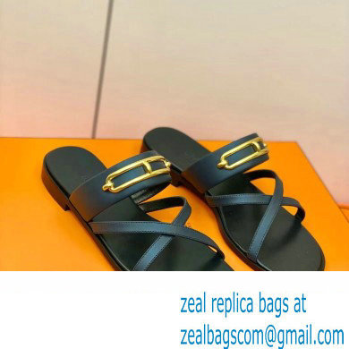 Hermes Roulis Buckle Claire Sandals Dark Blue