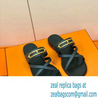 Hermes Roulis Buckle Claire Sandals Dark Blue