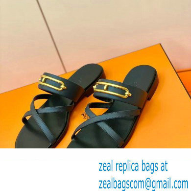 Hermes Roulis Buckle Claire Sandals Dark Blue