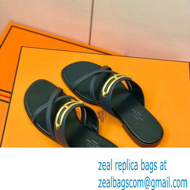 Hermes Roulis Buckle Claire Sandals Dark Blue
