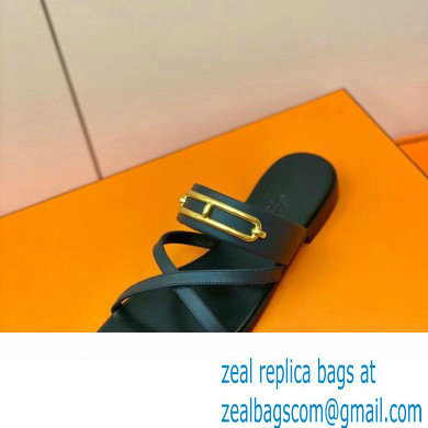 Hermes Roulis Buckle Claire Sandals Dark Blue
