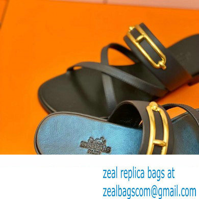 Hermes Roulis Buckle Claire Sandals Dark Blue