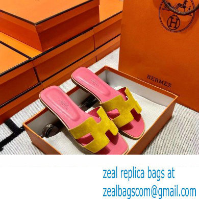 Hermes Suede Goatskin Oran Sandals Yellow