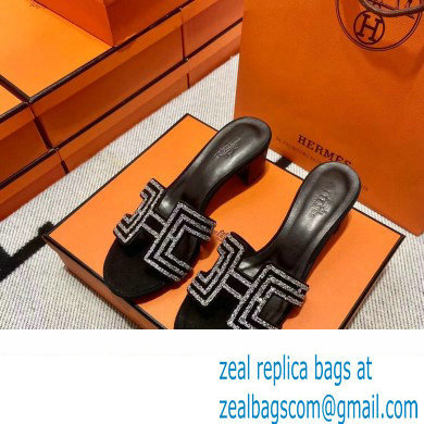 Hermes suede goatskin with rhinestone Oasis Sandals Black