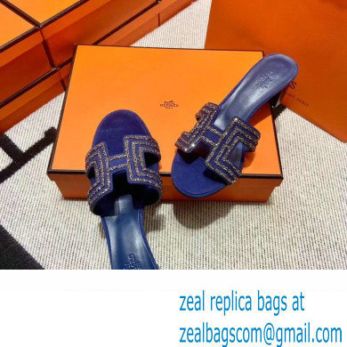 Hermes suede goatskin with rhinestone Oasis Sandals Blue