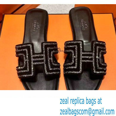 Hermes suede goatskin with rhinestone Oran Sandals Black