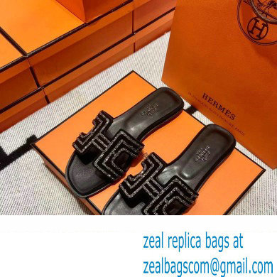 Hermes suede goatskin with rhinestone Oran Sandals Black