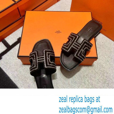 Hermes suede goatskin with rhinestone Oran Sandals Black