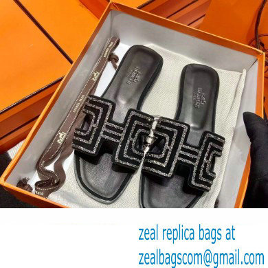 Hermes suede goatskin with rhinestone Oran Sandals Black