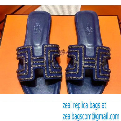 Hermes suede goatskin with rhinestone Oran Sandals Blue