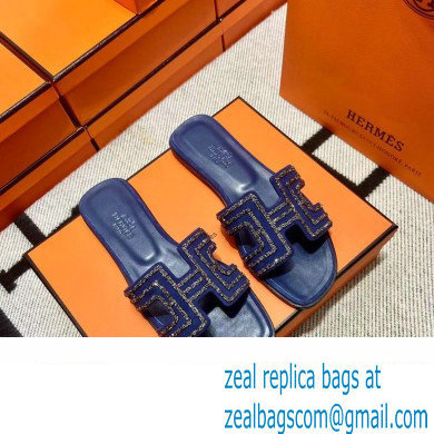 Hermes suede goatskin with rhinestone Oran Sandals Blue