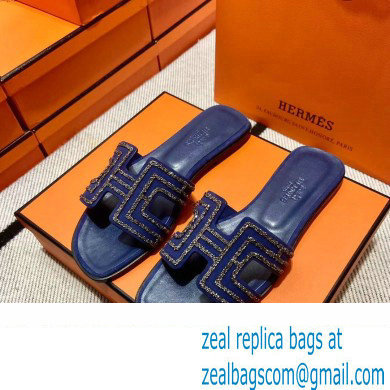 Hermes suede goatskin with rhinestone Oran Sandals Blue - Click Image to Close