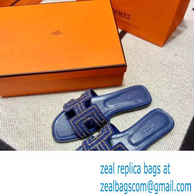 Hermes suede goatskin with rhinestone Oran Sandals Blue - Click Image to Close