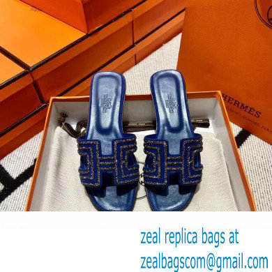 Hermes suede goatskin with rhinestone Oran Sandals Blue - Click Image to Close