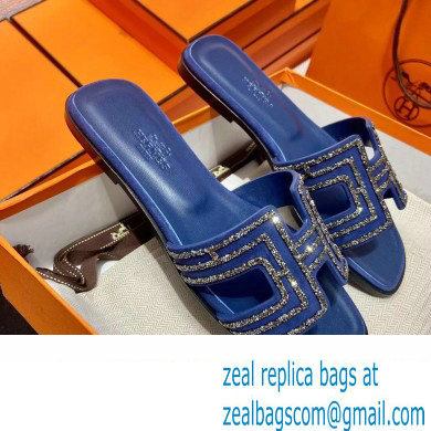 Hermes suede goatskin with rhinestone Oran Sandals Blue - Click Image to Close