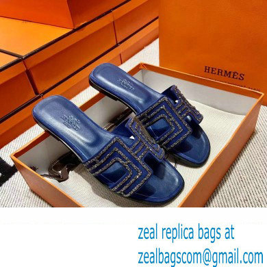 Hermes suede goatskin with rhinestone Oran Sandals Blue - Click Image to Close