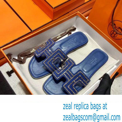 Hermes suede goatskin with rhinestone Oran Sandals Blue