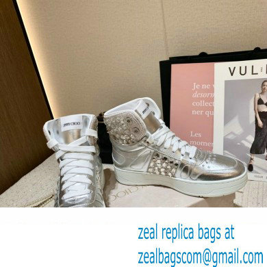 Jimmy Choo HAWAII HI TOP/F Trainers Sneakers Silver with Crystal Embellishment 2022