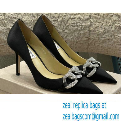 Jimmy Choo Heel Satin Pumps Black with Crystal Chain 2022