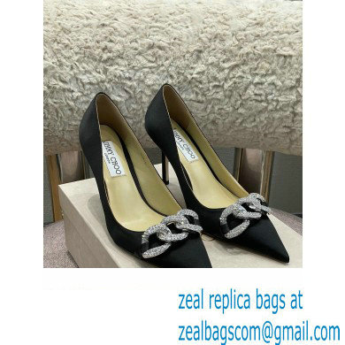 Jimmy Choo Heel Satin Pumps Black with Crystal Chain 2022