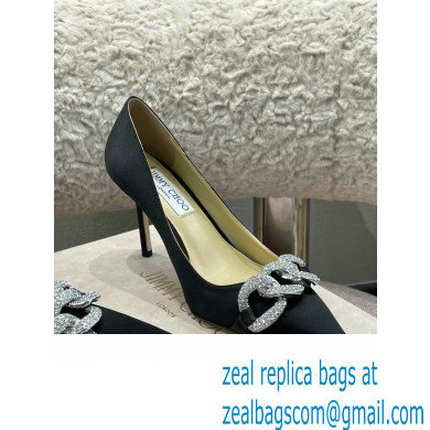 Jimmy Choo Heel Satin Pumps Black with Crystal Chain 2022