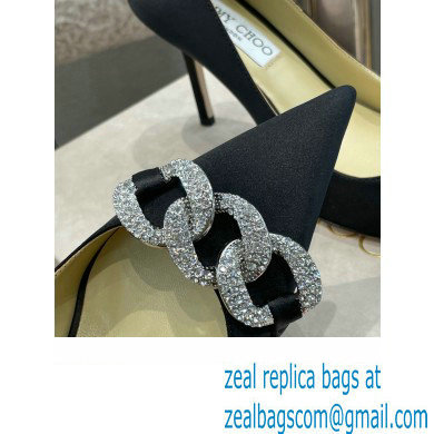 Jimmy Choo Heel Satin Pumps Black with Crystal Chain 2022