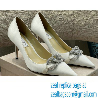 Jimmy Choo Heel Satin Pumps White with Crystal Chain 2022