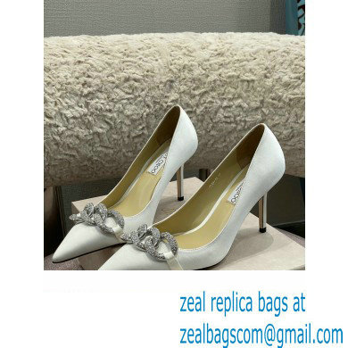 Jimmy Choo Heel Satin Pumps White with Crystal Chain 2022