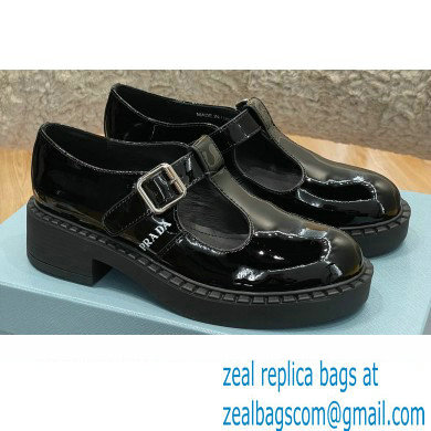 Prada Brushed Leather T-strap shoes Patent Black 2022