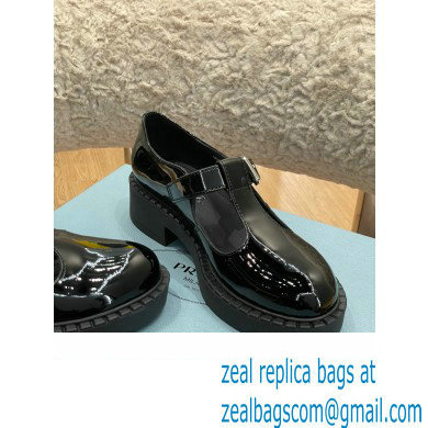 Prada Brushed Leather T-strap shoes Patent Black 2022