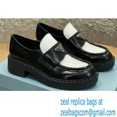Prada Chocolate Brushed Leather Loafers Black/White 2022 - Click Image to Close