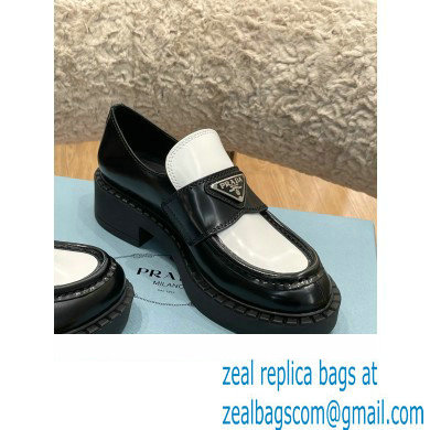 Prada Chocolate Brushed Leather Loafers Black/White 2022 - Click Image to Close