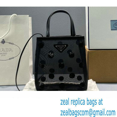 Prada Small Polka-dot Mesh Tote Bag 1BG417 Black 2022