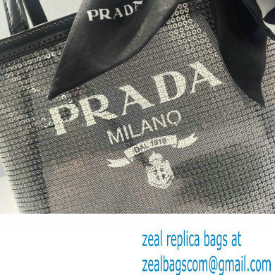 Prada Small Sequined Mesh Tote Bag 1BG417 Black 2022