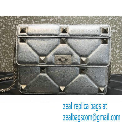 Valentino Grainy Calfskin Large Roman Stud Chain Bag Silver 2022