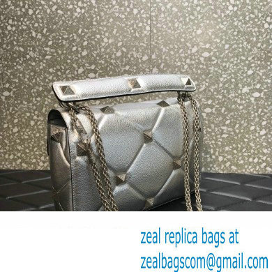 Valentino Grainy Calfskin Large Roman Stud Chain Bag Silver 2022