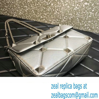 Valentino Grainy Calfskin Large Roman Stud Chain Bag Silver 2022