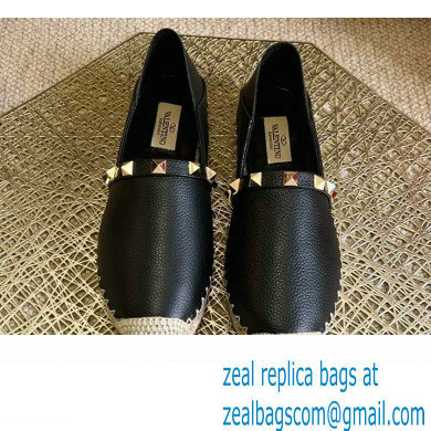 Valentino Grainy Calfskin Leather Rockstud Espadrilles Black 2022