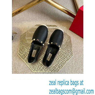 Valentino Grainy Calfskin Leather Rockstud Espadrilles Black 2022 - Click Image to Close