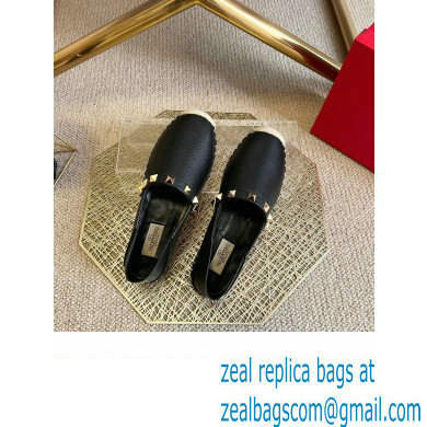 Valentino Grainy Calfskin Leather Rockstud Espadrilles Black 2022