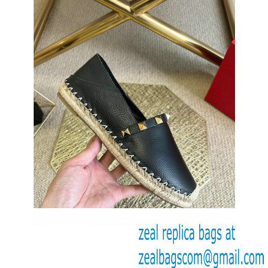 Valentino Grainy Calfskin Leather Rockstud Espadrilles Black 2022