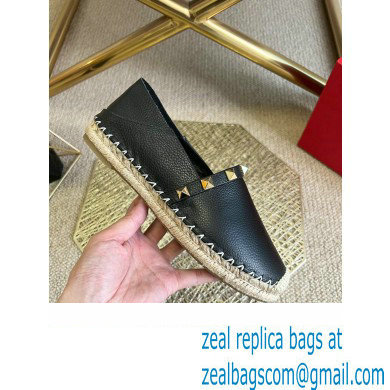 Valentino Grainy Calfskin Leather Rockstud Espadrilles Black 2022 - Click Image to Close