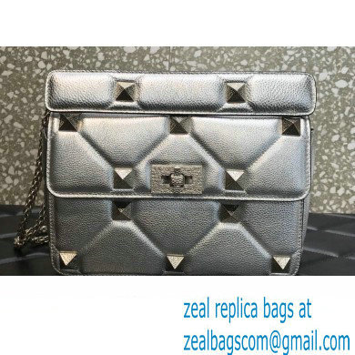 Valentino Grainy Calfskin Small Roman Stud Chain Bag Silver 2022