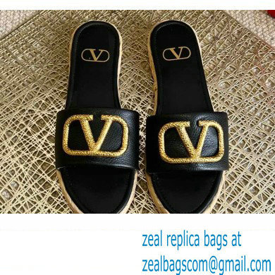 Valentino Leather Vlogo Espadrilles Slide Sandals Black 2022