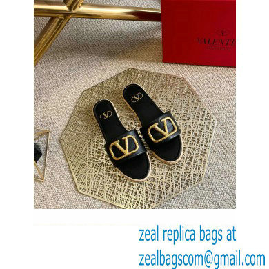 Valentino Leather Vlogo Espadrilles Slide Sandals Black 2022