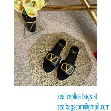 Valentino Leather Vlogo Espadrilles Slide Sandals Black 2022