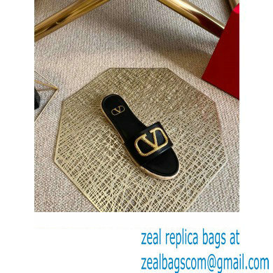 Valentino Leather Vlogo Espadrilles Slide Sandals Black 2022